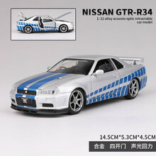 日产GTR尼桑R34合金车模1:32声光回力男孩玩具NISSAN天际线仿真汽车模型收藏摆件 银色GTR34盒装