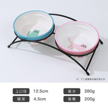 伊丽猫碗陶瓷猫咪宠物碗猫食盆护颈双碗猫粮盆防打翻喝水蚂蚁 卡通猫咪陶瓷双碗