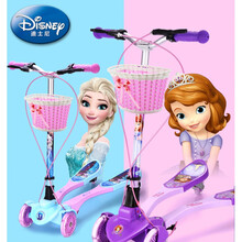迪士尼儿童滑板车四轮蛙式剪刀车3-12岁6小孩双脚溜溜滑滑车女孩8生日礼物抖音网红同款 大号蛙式-【双刹可折叠】米妮(送风车+蓝车筐)