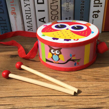幼儿打击乐器木制玩具儿童鼓木质腰鼓军鼓手敲打玩具鼓 15cm红大眼猫头鹰 送故事书一本