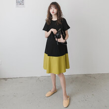 欣柏纶 孕妇装夏装2020时尚撞色裙子潮妈辣妈个性洋气中长款夏天连衣裙 黑拼旦黄裙 M