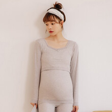 米度丽 哺乳睡衣春秋孕妇保暖内衣秋衣单件喂奶上衣打底衫产后月子服 浅灰 均码