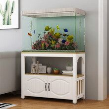 鱼缸柜鱼缸底柜家用客厅中小型水族箱架子鱼缸架龟缸架子鱼缸底座 长80宽40高70白架+浅胡桃(带柜门)