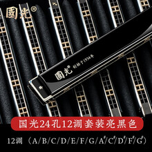 上海品牌国光24孔复音口琴12大调套装ABCDEFG#调全套男女学生成人专业演奏级乐器 12调黑色+琴包
