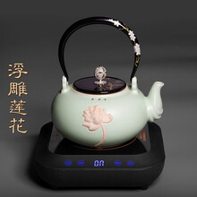 容山堂粗陶瓷烧水壶大号煮茶器莲花禅意日式鎏银钮茶具电陶炉套装 汝青莲花壶+小容橡胶漆雅黑炉