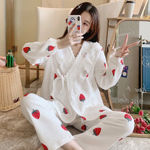 七采雏菊 秋冬月子服加厚空气棉孕妇睡衣产后哺乳喂奶衣和服睡衣女休闲孕妇装保暖套装 白色草莓和服空气棉套装 XXXL码（170-190斤内合适）