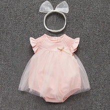 迪士尼高端轻奢婴儿包屁衣夏季女宝宝百天公主哈衣裙新生儿满月百日宴周岁礼服夏旗舰官方专卖 粉底飞袖三角网纱哈衣【送发带】 59cm