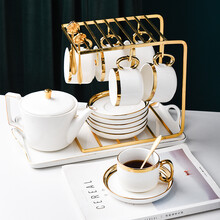 千宇咖啡杯套装家用陶瓷咖啡具欧式下午茶茶具咖啡杯碟带托盘 白色大金六杯碟勺（全套）