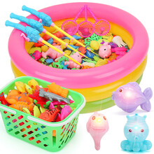 【57件套】儿童钓鱼玩具套装宝宝磁性钓鱼竿加水小猫钓鱼池戏水磁力钩鱼幼儿水池男孩女孩生日礼物 鱼池1+鱼*45+发光鱼*3+鱼竿*3+鱼网*3等