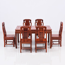 DFJXW F红木家具缅甸花梨（学名：大果紫檀）餐桌椅组合新中式实木饭桌长方形一桌六椅餐厅歺桌 象头椅+长餐桌七件套