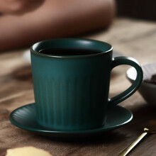 器物集 高档日式粗陶瓷咖啡杯套装杯子北欧式杯碟简约个性创意拉花卡布其诺手冲下午茶牛奶早餐杯 直身墨玉绿2杯2碟2勺