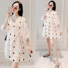 孕妇装夏装夏裙中长款孕晚期孕妇裙外穿夏天大码孕妈装宽松舒适孕妇连衣裙子夏 米白色 L