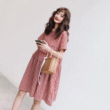 欣柏纶 孕妇装孕妇夏装裙子连衣裙2020新款时尚红色格子裙春夏天仙女潮妈时尚款外出孕妈装 红色格子 M