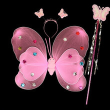 儿童玩具彩虹蝴蝶天使翅膀公主蓬蓬裙女孩舞台表演演出服装道具女童精灵cos扮演皇冠仙女棒 粉色星星翅膀3件套