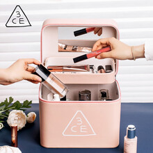 3CE 粉色简约化妆品收纳化妆箱 防尘梳妆台化妆镜整理盒 便携大容量手提化妆包教师节情人节礼物送女生 大号双层