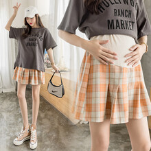 SC 孕妇半身裙夏 夏季孕妇半身裙子 2021潮妈高腰托腹格子短裙A字孕妇裙孕妇装Y916 桔色 M
