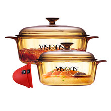 康宁VISIONS 2.25L+3.25L晶彩透明耐热玻璃汤锅+硅胶手夹 家用锅具套装