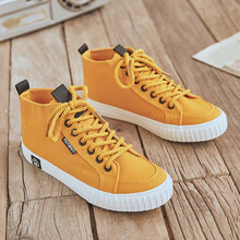 人本帆布鞋女ulzzang休闲百搭2021新款韩版高帮学生平底板鞋女鞋 黄 色 38正规码