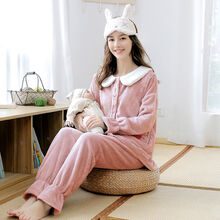 月子服 孕妇睡衣女秋冬季珊瑚绒加绒加厚怀孕期产后月子服哺乳产妇喂奶装 粉色猫咪口袋 XL