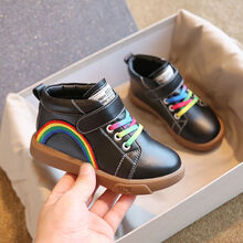 高帮男女童休闲鞋彩虹加绒冬季新款棉鞋小童宝宝鞋儿童运动鞋 黑色/薄绒 23码/鞋内长15