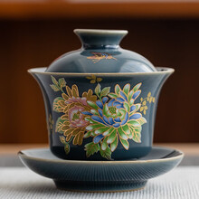 陶艺公社 三才盖碗 陶瓷功夫茶具家用日式复古扒花泡茶碗盖碗茶杯 淀海蓝款-165ml