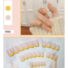 美甲贴片假指甲新娘美甲甲片透明光辽甲片成品假指甲贴片全贴半贴指甲片胶水甲油胶底胶封层美甲店卸甲油 R060黄色法式 穿戴式  24片仅甲片(无赠品)