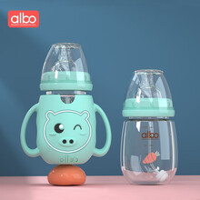albo婴儿奶瓶 玻璃奶瓶 宽口径宝宝奶瓶 新生儿奶瓶防摔硅胶保护套 吸管奶瓶 240ml小萌猪雀湖绿