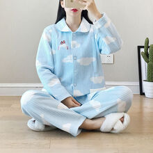 月子服孕妇套装秋冬款哺乳衣春秋夹棉加厚纯棉喂奶衣产妇睡衣 蓝色云朵 M(建议产后100-125斤)