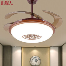木缘人中式风扇灯实木吊扇灯隐形风扇吊灯中国风电扇灯 茶室餐厅卧室客厅古典带灯扇一体电风扇LED复古灯 咖啡色款