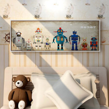 起贝 儿童房装饰画抖音卡通机器人壁画男孩床头挂画卧室背景墙画横款 1.机器人一 33x93厘米 默认白色框，其他颜色框请联系客服