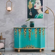 品涵艺术家具法式湖水蓝门厅玄关柜新古典沙发隔断柜背柜现代简约美式轻奢孔雀蓝客厅餐边柜储物收纳柜子 金玉满堂湖水蓝