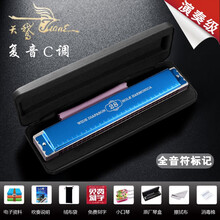 德国进口音簧28孔天鹅复音C调口琴专业演奏级重音C调高级成人初学者入门 音标版-星空蓝【专业演奏复音C调+自学礼包】