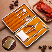 许索 蟹八件 吃蟹工具 带收纳盒不锈钢蟹钳蟹夹蟹针吃大闸蟹螃蟹工具 八件套金纹龙盒装