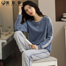 美如春睡衣女纯棉秋冬季家居服两件套装春秋款长袖长裤套头学生休闲运动款青年女士睡衣全棉月子服中厚可外穿 A88001女灰蓝色 女XXL