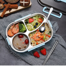 FEX富尔兴304不锈钢便当盒带汤碗学生餐盒食堂打饭餐盘加厚密封 蓝色+袋子