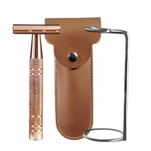 全球通手动刮胡刀男士老式手动剃须刀T型刀架手动刮胡刀剃刀双面刮脸刀 玫瑰金色+皮套+支架