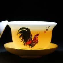 龙瓷 三才盖碗鸡缸杯大明成化斗彩2.8亿鸡缸杯仿复古功夫盖碗茶具陶瓷景德镇青花泡茶器茶壶茶杯 中国白-吉光凤羽三才盖碗（裸瓷）