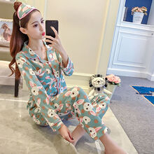 飞之健起新款韩版女士开衫春秋冬季大码薄款睡衣女长袖月子服夏学生家居服套装 开衫：绿色兔子长袖 XL码(115-130斤)