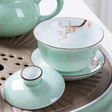 唯古 青瓷三才盖碗茶杯单个青花瓷陶瓷大号古代敬茶沏茶泡茶杯功夫茶具三炮台小清新荷花 梅花盖碗（满杯150ml）