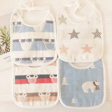 宝宝防水纱布围嘴60股6层纱新生儿围兜 婴儿吸水口水巾 4条装 防水男宝色大号系带围嘴