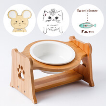 开心孕猫碗陶瓷双碗猫咪加菲猫食盆狗宠物猫粮碗架饮水高脚斜口保护颈椎 B-1圆碗+升降木架-贴花备注 需要加图案请备注 陶瓷碗