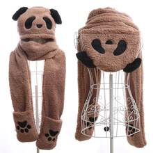 抖音同款会动的熊猫耳朵帽子女秋冬捏长耳朵可爱帽子围巾手套一体 熊猫款-浅咖色 儿童款(耳朵不动)