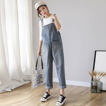 敏潮格伦孕妇牛仔背带裤春夏季套装潮妈时尚款宽松外穿复古春季两件套 复古蓝单裤子(春秋常规款) XL