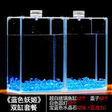 中鑫 8016水族泰国斗鱼缸超白玻璃鱼缸生态斗鱼缸桌面排缸创意斗鱼杯 蓝色妖姬双缸套餐
