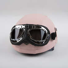 复古哈雷机车头盔 男女摩托车电动车四季半盔 轻便式电瓶车皮盔定制 粉红色+哈雷风镜(拍下备注大中小码) 均码
