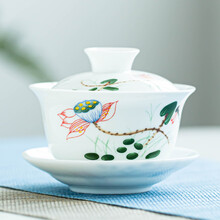 桥艺 盖碗大号陶瓷功夫茶具三才茶杯青花瓷敬茶碗白瓷手抓泡茶壶 【蜻蜓戏荷】盖碗210ml