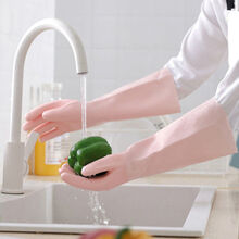 PU一体绒家务手套加长加绒洗碗洗衣服劳保手套防水耐磨洗车棉手套 新款粉40CM植绒【大码】 2双