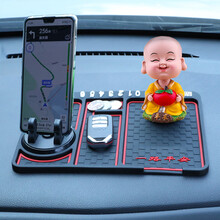 汽车防滑垫中控台仪表台多功能导航车载手机支架置物垫车用置物架汽车香水摆件防滑垫临时停车号码牌 一路平安 汽车防滑垫手机支架+新款摇头平安小和尚