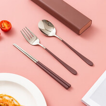 摩登主妇勺筷套装不锈钢便携西餐餐具三件套上班族学生外出叉子勺子 西亚红便携3件套