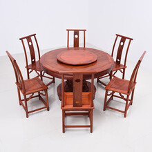 艺铭天下红木家具缅甸花梨（学名：大果紫檀）圆餐桌歺桌带转盘实木中式圆形餐桌饭桌豪华大户型餐厅歺桌 七件套 158圆桌+灯挂椅